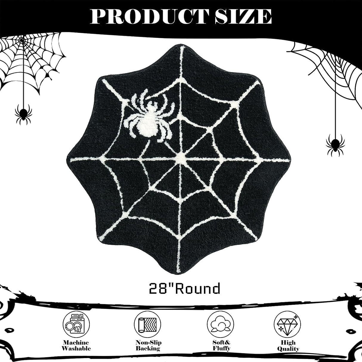 Feblilac Halloween Bathroom Rugs Spider Webs Round Bath Mats Non Slip Black Gothic Bathroom Decor Horror Washable Rugs for Shower Tub Entryway Kitchen 28"x28"