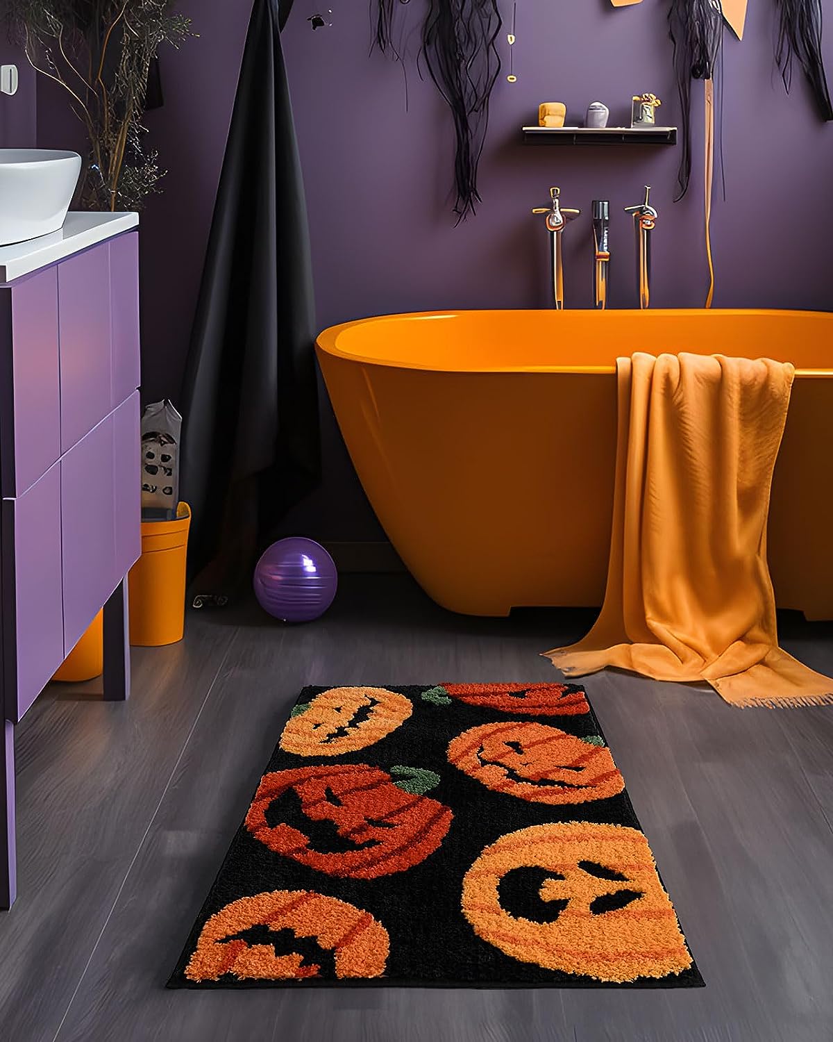 Feblilac Fall Halloween Bathroom Rugs Fun Pumpkins Bath Mat for Autumn Harvest Thanksgiving Home Decor, Soft Luxury Plush Non-Slip Carpet for Bathroom Kitchen Entryway