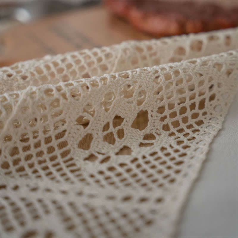 Beige Hollow-Out Stitching Tassel Tablecloth