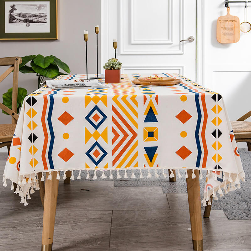 Bohemian Colorful Geometric Tablecloth with Tassel