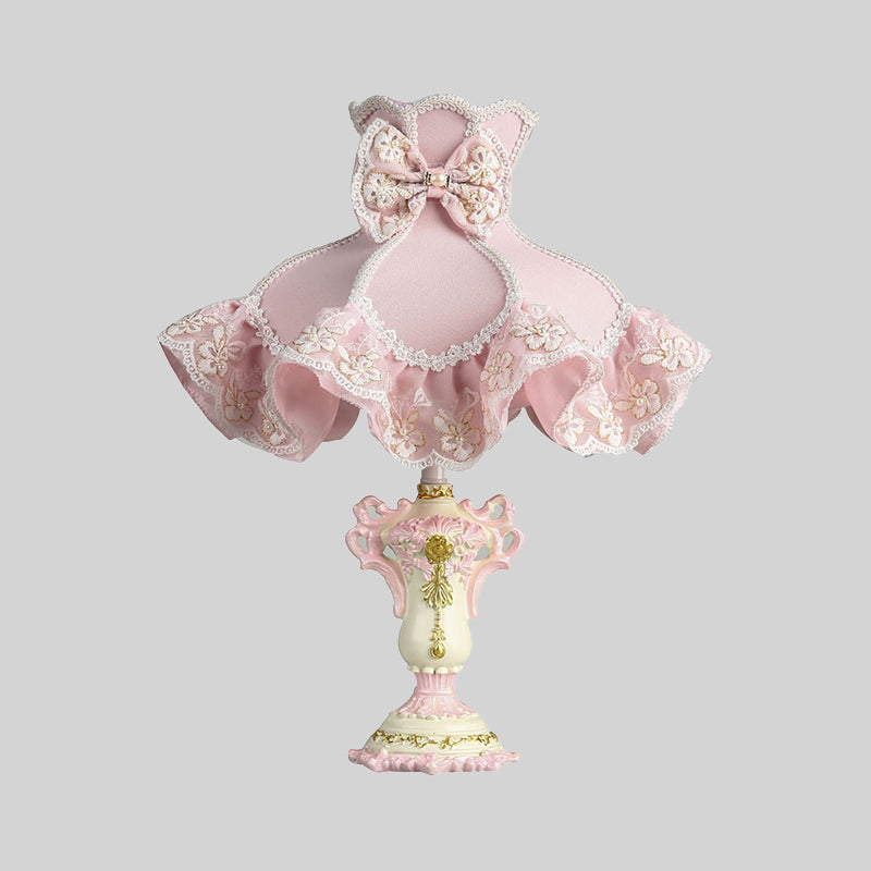 Royal Dress Girl's Bedside Night Lamp Fabric 1-Light Kids Style Table Light with Sculpted Base in Pink