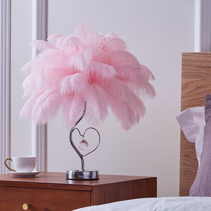 Palm Tree Feather Table Lighting Modern Romantic Pink/White LED Nightstand Lamp with K9 Crystal Drop