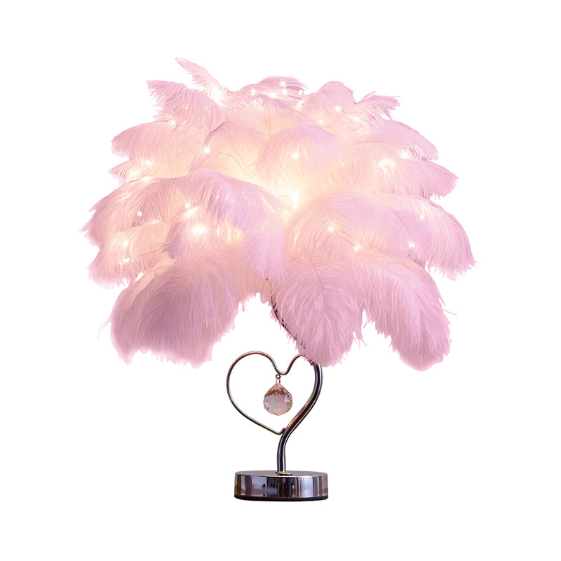 Palm Tree Feather Table Lighting Modern Romantic Pink/White LED Nightstand Lamp with K9 Crystal Drop