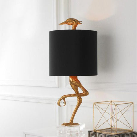 Ostrich Resin Night Table Light Classic 1 Light Bedroom Nightstand Lamp in Gold with Cylinder Fabric Shade