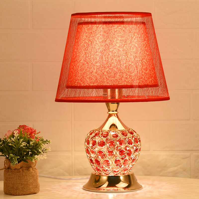 1 Light Night Stand Lamp Retro Urn Shape Crystal Embedded Table Lighting with Dual Empire Shade in Red/Gold
