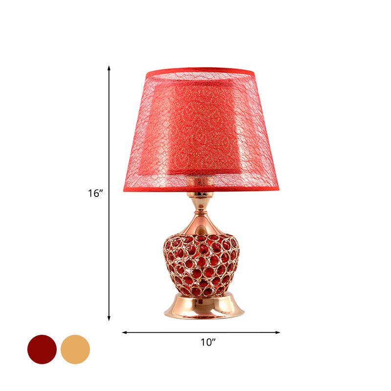 1 Light Night Stand Lamp Retro Urn Shape Crystal Embedded Table Lighting with Dual Empire Shade in Red/Gold