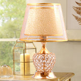 1 Light Night Stand Lamp Retro Urn Shape Crystal Embedded Table Lighting with Dual Empire Shade in Red/Gold