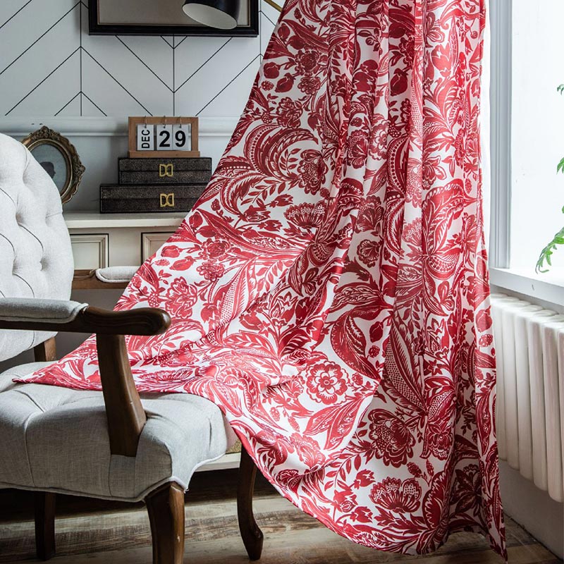 Baroque Style Red Flower Light Filtering Curtain