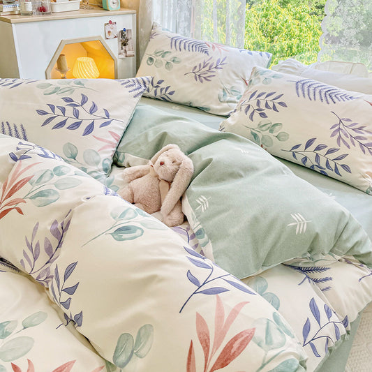 Blue and Green Leaves Bedding Set Washable 60s Cotton Duvet Cover Bedding Set