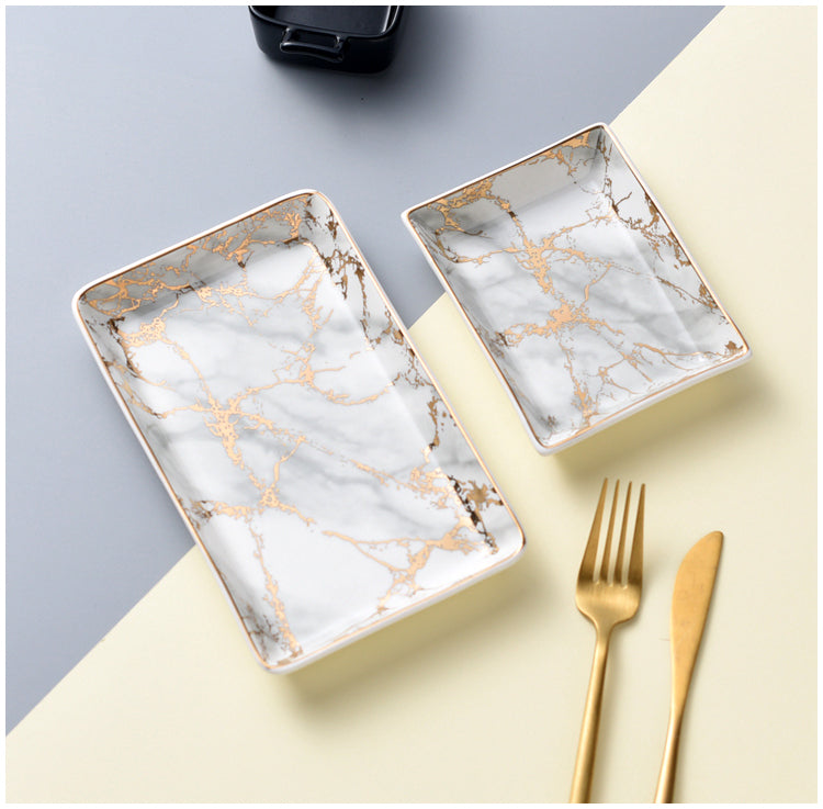 Nordic Style Marbling Rectangle Overglaze Color Ceramic Tray 5"x4" and 8"x5", Service Plate, Jewelry Tray, Decoration Tray