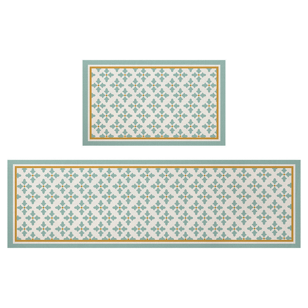 Feblilac Green Flower Leaves Geometric Pattern PVC Leather Kitchen Mat