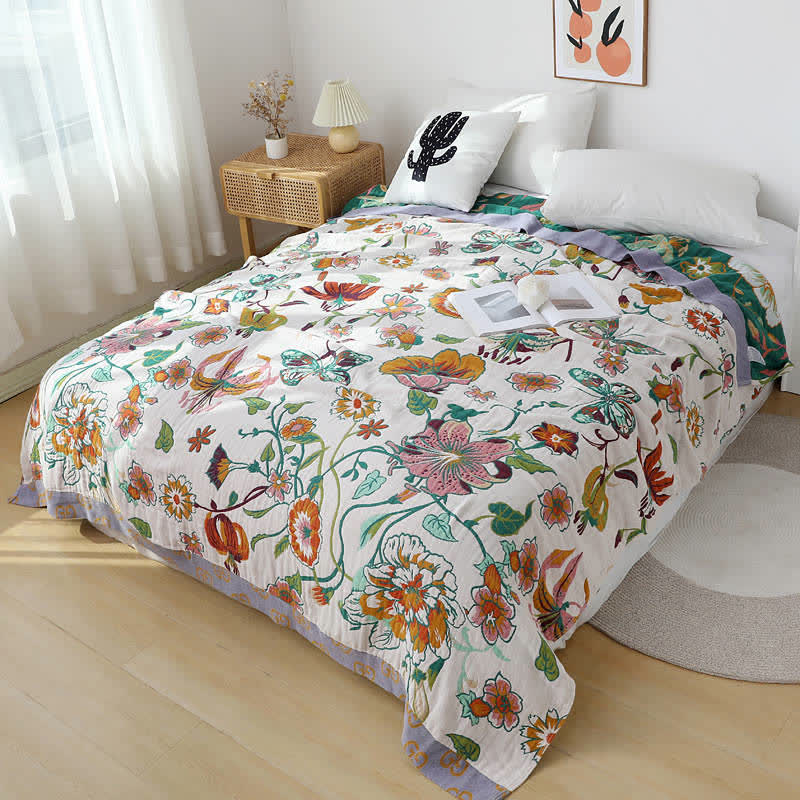 Blooming Flower White Background Cotton Quilt