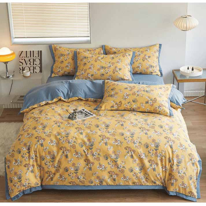 Autumn/Winter Yellow Blue Flowers bedding set Class A Washable Double Yarn Cotton/Linen Duvet Cover Four-Piece bedding Set