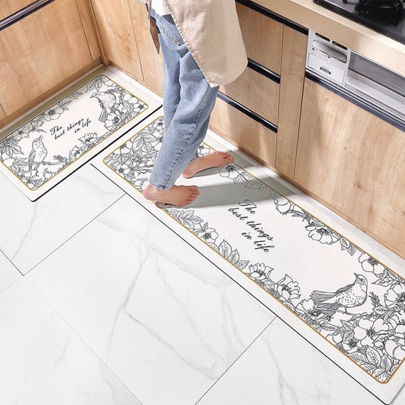 White Botanic Leaves Kitchen Floor Mat
