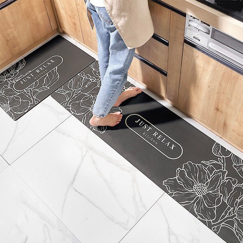 Black Botanic Leaves Kitchen Floor Mat