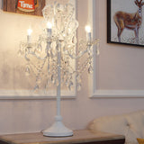 Rustic Candelabra Night Lamp 4 Lights Metal Nightstand Light in White with K9 Crystal Strand