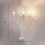 Rustic Candelabra Night Lamp 4 Lights Metal Nightstand Light in White with K9 Crystal Strand