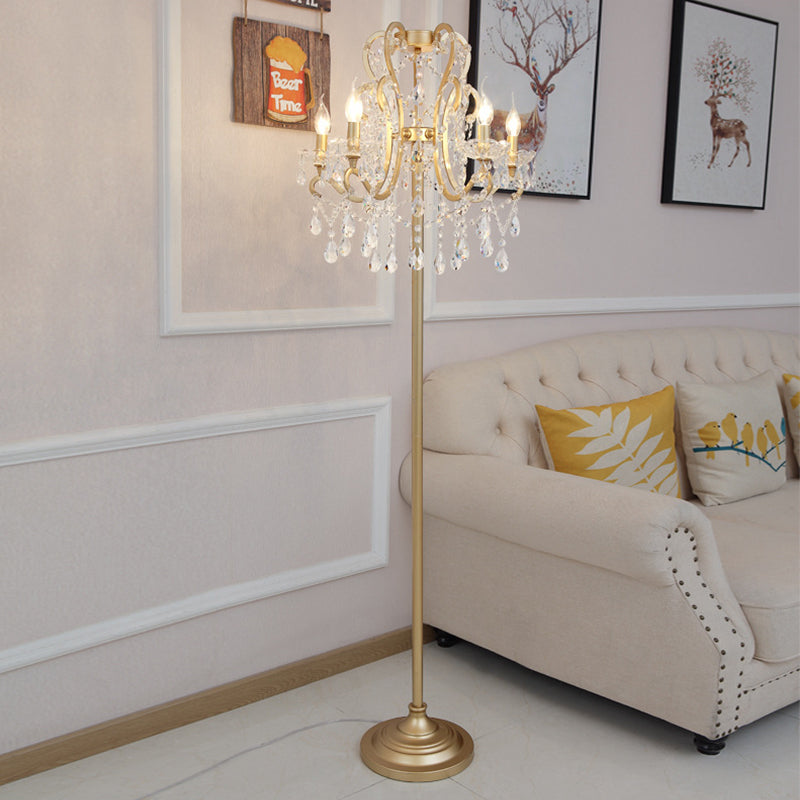 5 Bulbs Scroll Frame Floor Lighting Classic Style Gold Metal Standing Floor Lamp with Crystal Strand