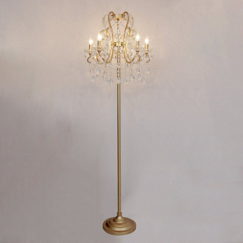 5 Bulbs Scroll Frame Floor Lighting Classic Style Gold Metal Standing Floor Lamp with Crystal Strand