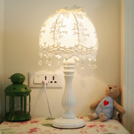 Pastoral Dome Night Table Lamp Fabric 1 Light Girls Bedroom Nightstand Light in White with Lace Decor