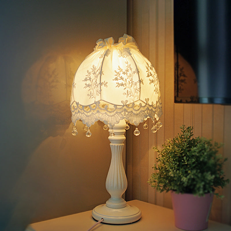 Pastoral Dome Night Table Lamp Fabric 1 Light Girls Bedroom Nightstand Light in White with Lace Decor