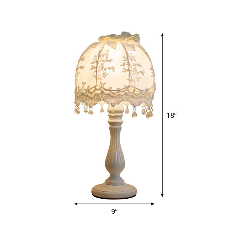 Pastoral Dome Night Table Lamp Fabric 1 Light Girls Bedroom Nightstand Light in White with Lace Decor