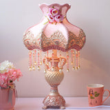 Beaded Nightstand Light Pastoral Fabric 1 Bulb Bedroom Table Lamp in Pink with Urn Resin Base