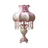 Beaded Nightstand Light Pastoral Fabric 1 Bulb Bedroom Table Lamp in Pink with Urn Resin Base