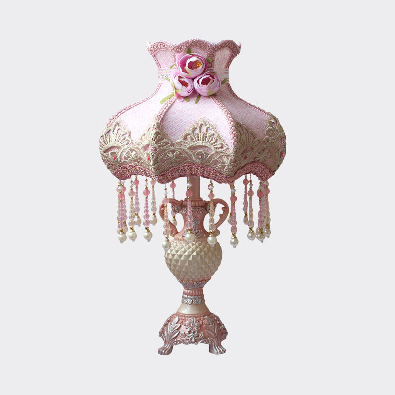 Beaded Nightstand Light Pastoral Fabric 1 Bulb Bedroom Table Lamp in Pink with Urn Resin Base