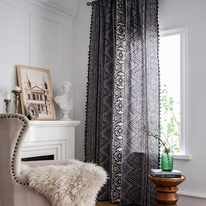Bohemian Black Geometric Cotton Tassels Curtains