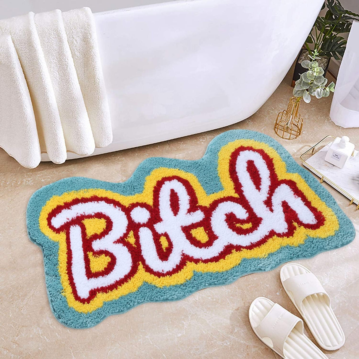 Funny Cute Rugs for Bedroom Bathroom Dorm Kitchen Non Slip Rubber Backed Machine Washable, Swear Words Bitch Funky Cool Rugs Colorful Fluffy Shaggy Bedside Accent Rug 35"x18"(Pink)