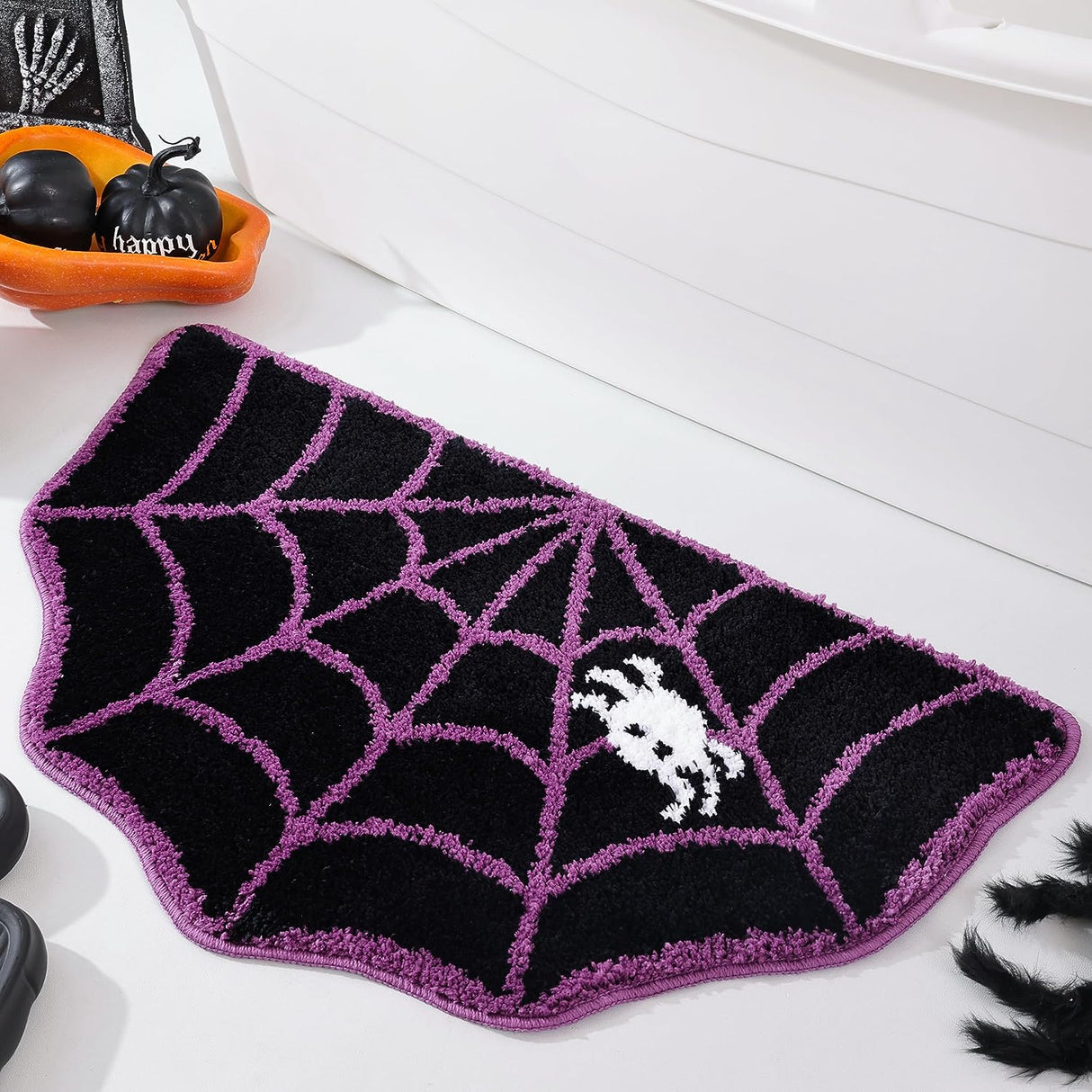 Feblilac Halloween Spider Web Bath Mat for Bathroom, Gothic Cute Black White Half Circle Bath Mat Non Slip Cartoon Half Round Shaped Bathtub Rug Bathroom Tub Plush Shower Rugs Washable