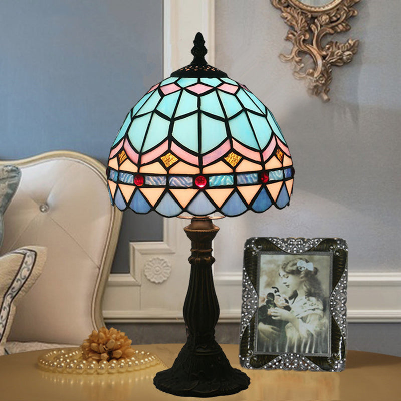1 Bulb Table Lighting Tiffany Bowl Shaped Stained Art Glass Night Lamp in Yellow/Blue with Baluster