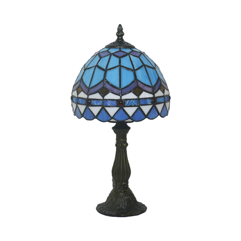 1 Bulb Table Lighting Tiffany Bowl Shaped Stained Art Glass Night Lamp in Yellow/Blue with Baluster