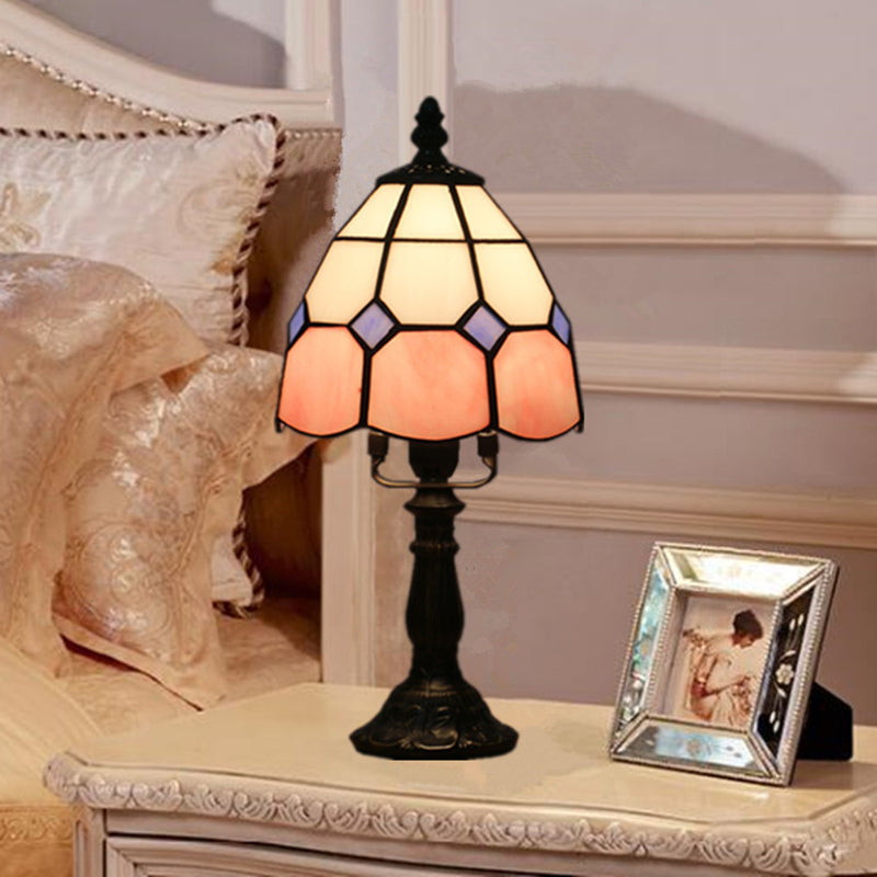 Cut Glass Grid Dome Night Lighting Tiffany Style 1 Light Red/Pink Nightstand Light for Bedside