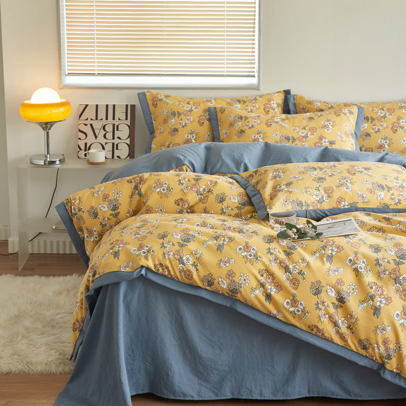 Autumn/Winter Yellow Blue Flowers bedding set Class A Washable Double Yarn Cotton/Linen Duvet Cover Four-Piece bedding Set