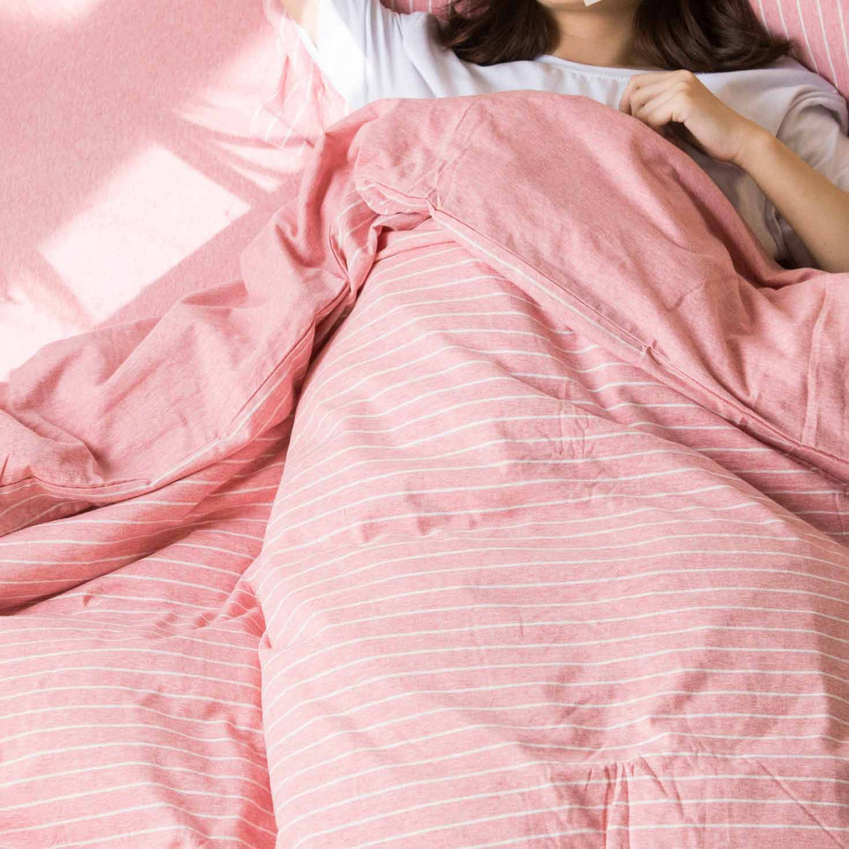 Pink/Grey Yarn-Dyed Stripe Knit Fabric Bedding Set Cotton Duvet Cover Bedding Set