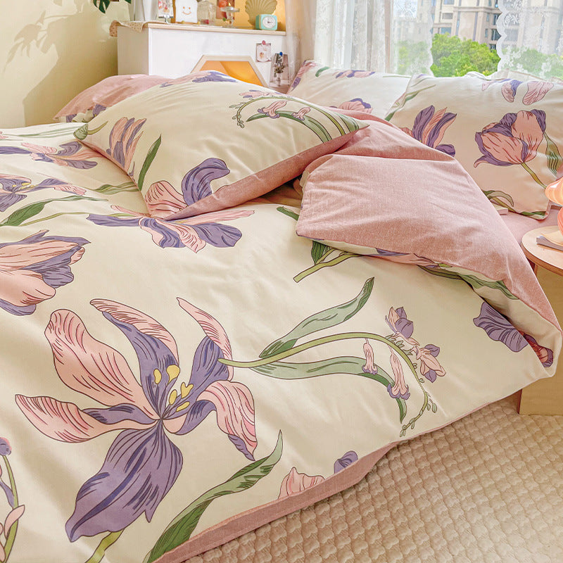 Pink and Purple Lily Flowers Cream Ground Bedding Set Washable 60s Cotton Duvet Cover Bedding Set