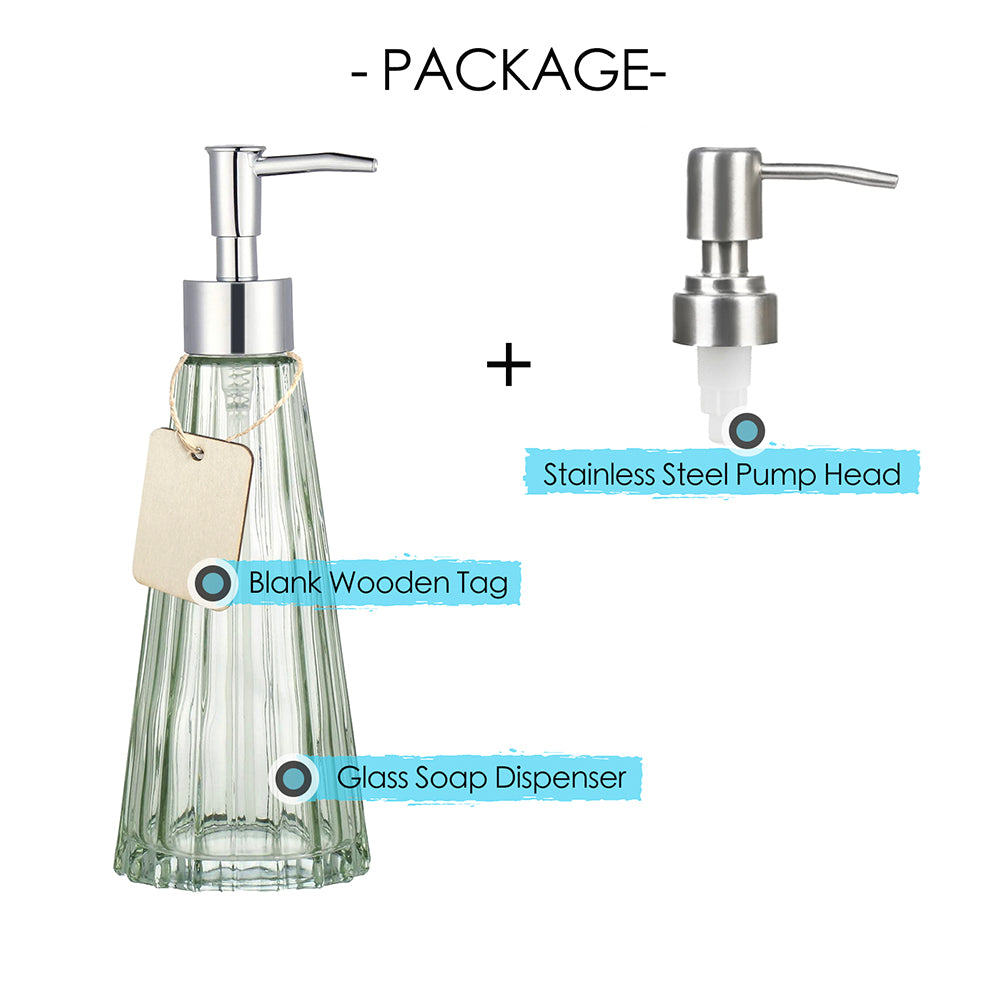 Light Green Glass Soap Dispenser, Circular Cone Pump Bottle, 360ml/12.3 oz