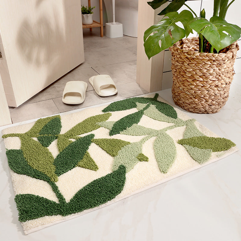Feblilac Green Leaves Bath Mat, Multiple Sized Floral Non Slip Bathmat