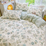 Green Cream Flowers Bedding Set Washable 60s Cotton Duvet Cover Bedding Set