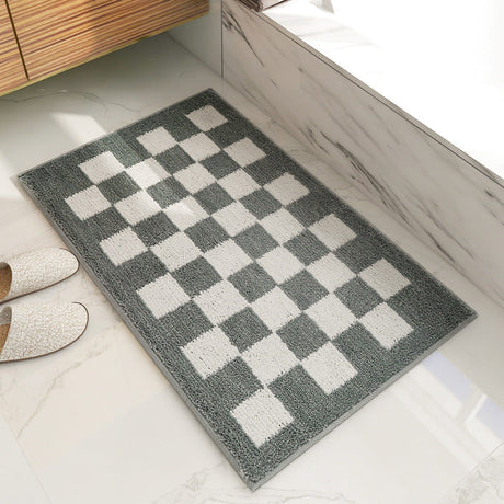 Feblilac Green and White Checkerboard Ultra Soft Bathroom Rug