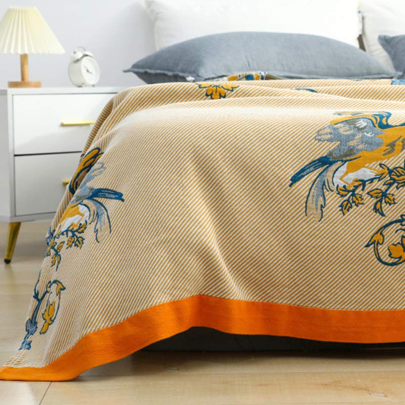 Bird Print Striped Cotton Reversible Quilt