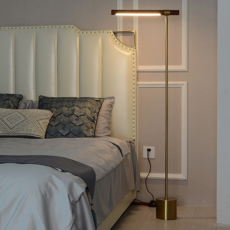 Modernist Tubular Adjustable Floor Lamp Metallic LED Bedroom Standing Lighting with Wood Design in Gold, Warm/White Light