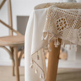 Beige Hollow-Out Stitching Tassel Tablecloth