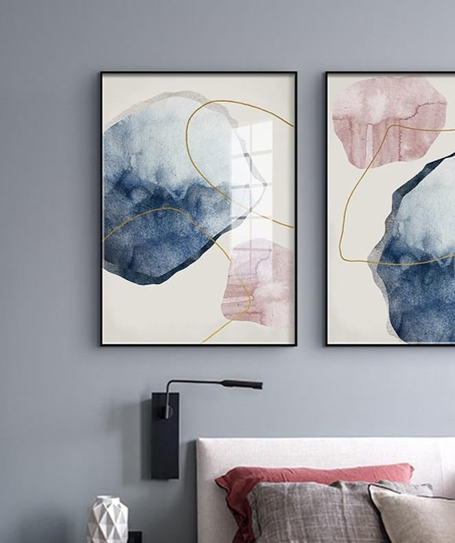 Abstract Blue watercolor Canvas Print Paintings Golden lines Poster Nordic Wall Art Pictures on Canvas Living Room Home Decor