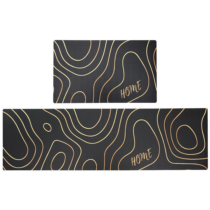 Feblilac Abstract Hills Black and Golden Line Pattern PVC Leather Kitchen Mat