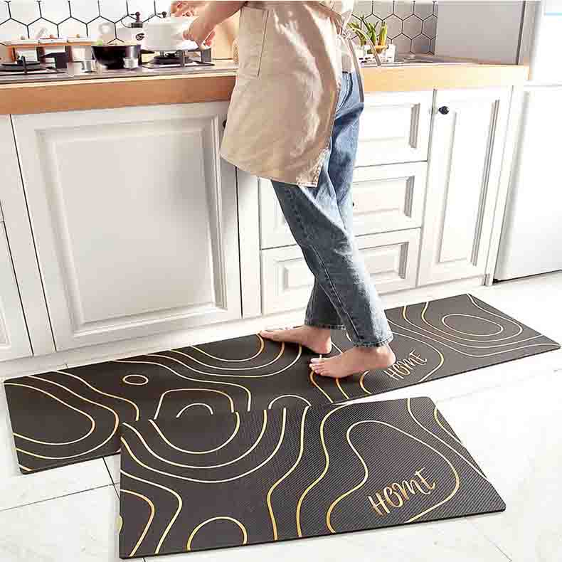 Feblilac Abstract Hills Black and Golden Line Pattern PVC Leather Kitchen Mat