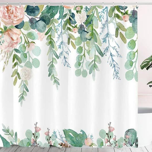 Art Leaves and Flower Shower Curtain, Floral Waterproof Curtain Decor, Unique Bathroom décor, Boho Shower Curtain, Customized Bathroom Curtains, Extra Long Shower Curtain