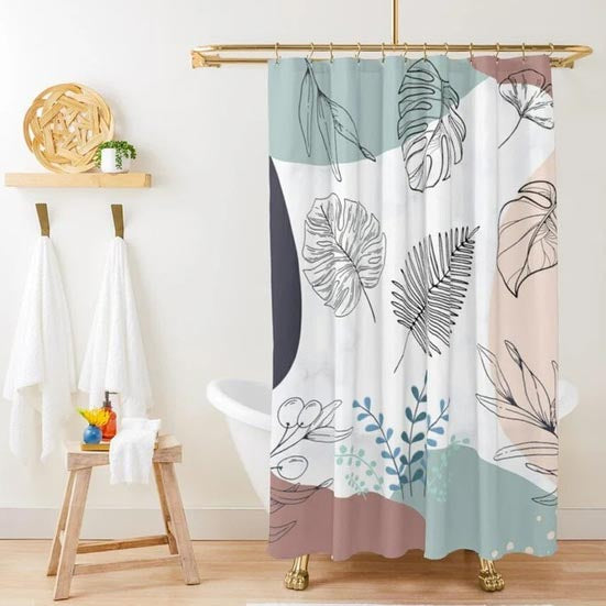 Leaves Line and Geometry Blocks Shower Curtain, Floral Waterproof Curtain Decor, Unique Bathroom décor, Boho Shower Curtain, Customized Bathroom Curtains, Extra Long Shower Curtain